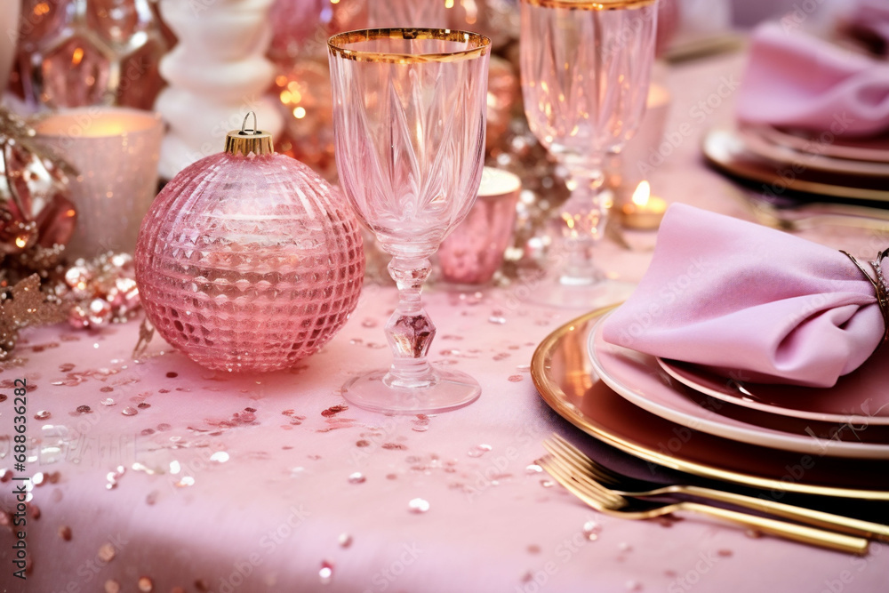 Festive luxury Chrismas day dinner table setting for party. Served dinner table in pink luxury style. Copy space Festive luxury Chrismas day dinner table setting for party. Served dinner table in pink luxury style. Copy space