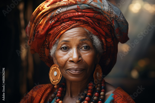 portrait of an old African American woman in traditional ethnic clothing and headdress