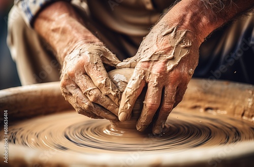 Hands making pottery, molding a piece of clay with a wheel. Generative AI