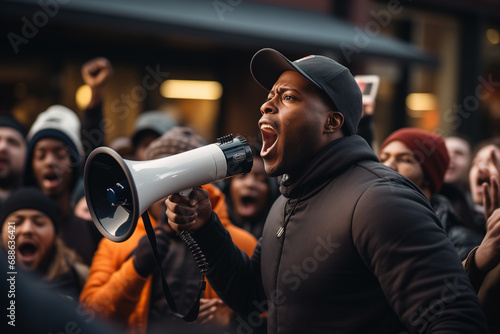 black man speaks into a bullhorn at a rally photo