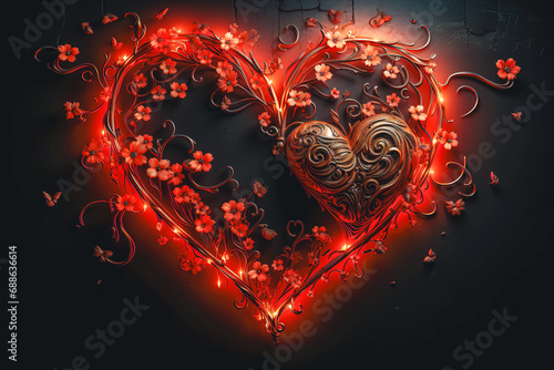 Decorative red heart with glowing flowers on a dark background.