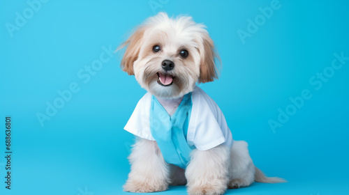 Cute dog in a white shirt on a blue background. Studio shot.