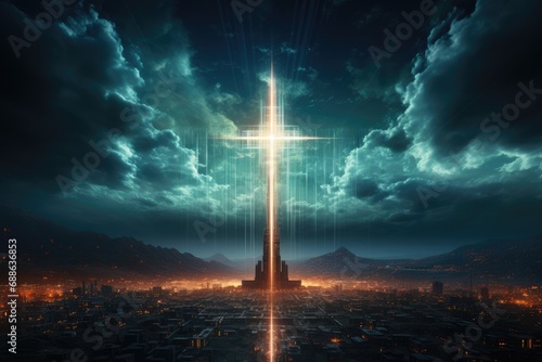 Glowing Catholic cross above the earth and surrounding clouds. Sacred and slightly surreal.by Generative AI.