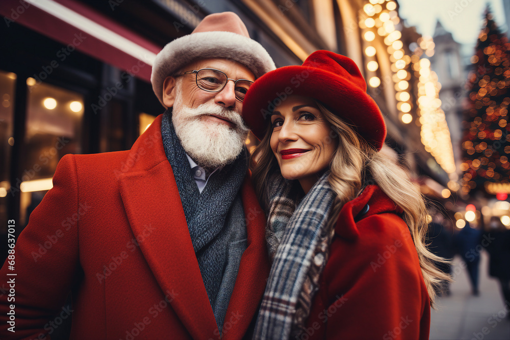 Generative AI portrait of senior handsome couple traveling winter time city christmas advent Generative AI portrait of senior handsome couple traveling winter time city christmas advent