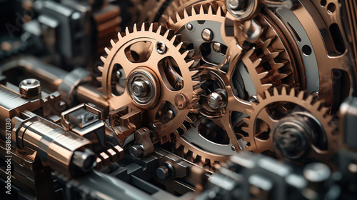 Close-up of a working mechanism consisting of gold and silver metal gears. Metal gears on a dark background. Technology, industry concept.