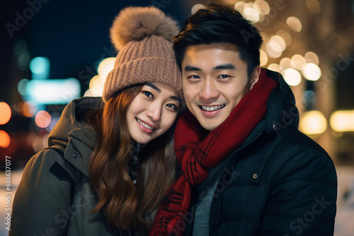 Generative AI portrait of young pretty couple in winter warm clothes posing over new year decorations city