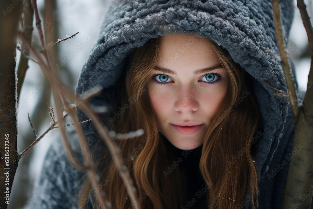 Generative AI portrait of young pretty girl in snowy forest tree magic atmosphere Generative AI portrait of young pretty girl in snowy forest tree magic atmosphere