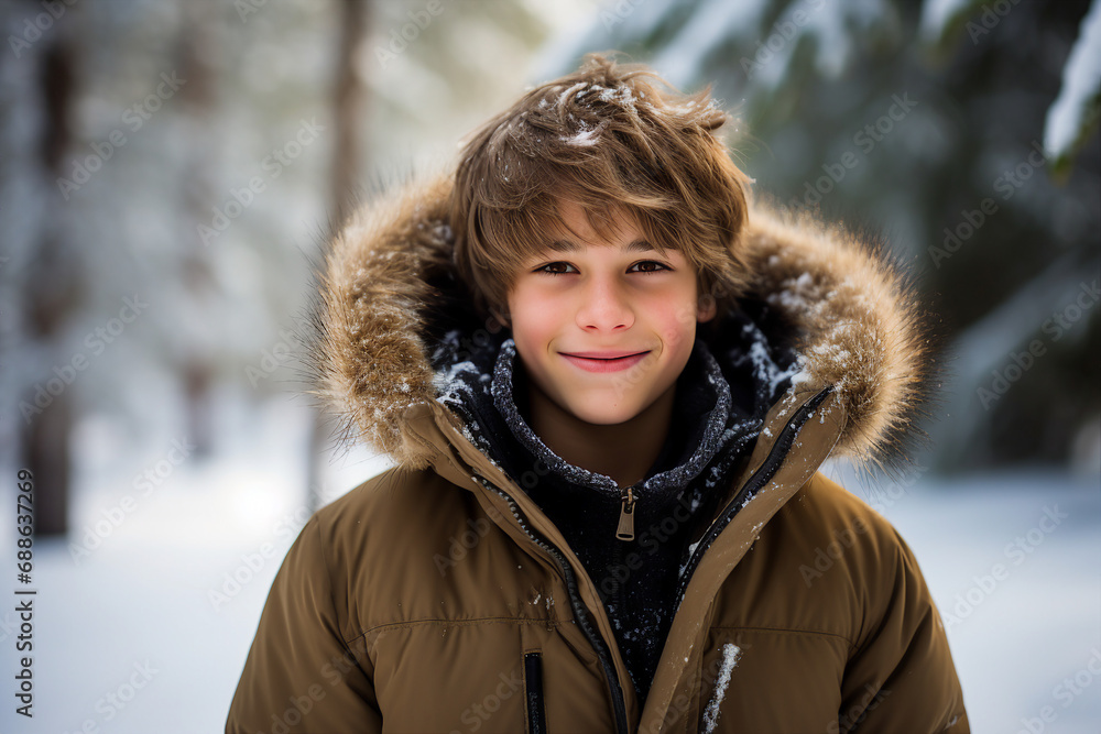 Generative AI portrait of young cute boy teenager in snowy forest tree magic atmosphere Generative AI portrait of young cute boy teenager in snowy forest tree magic atmosphere