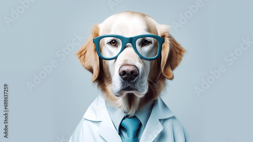 Dog wearing blue rimmed glasses on a gray background. White Labrador in stylish glasses on a gray background. Portrait of a large dog in a medic costume. Doctor dog in white coat with space for text.