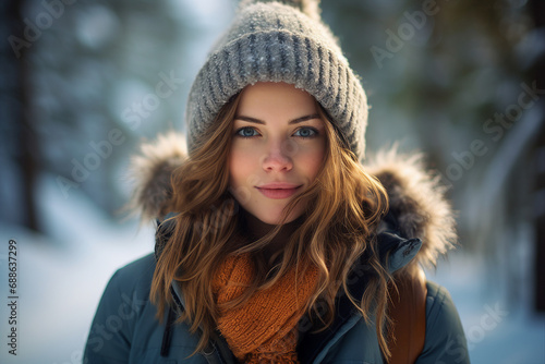 Attractive young woman enjoying wonderful winter weather outdoors Generative AI