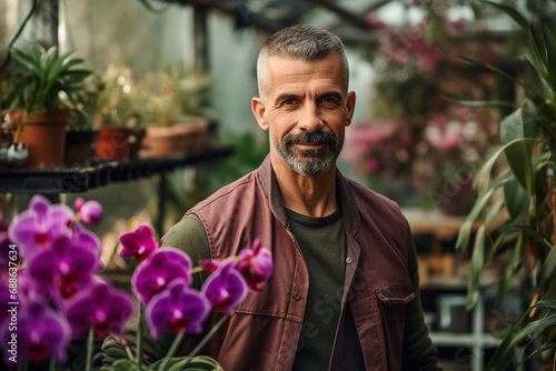 Greenhouse owner entrepreneur standing next to healthy garden harvest Generative AI