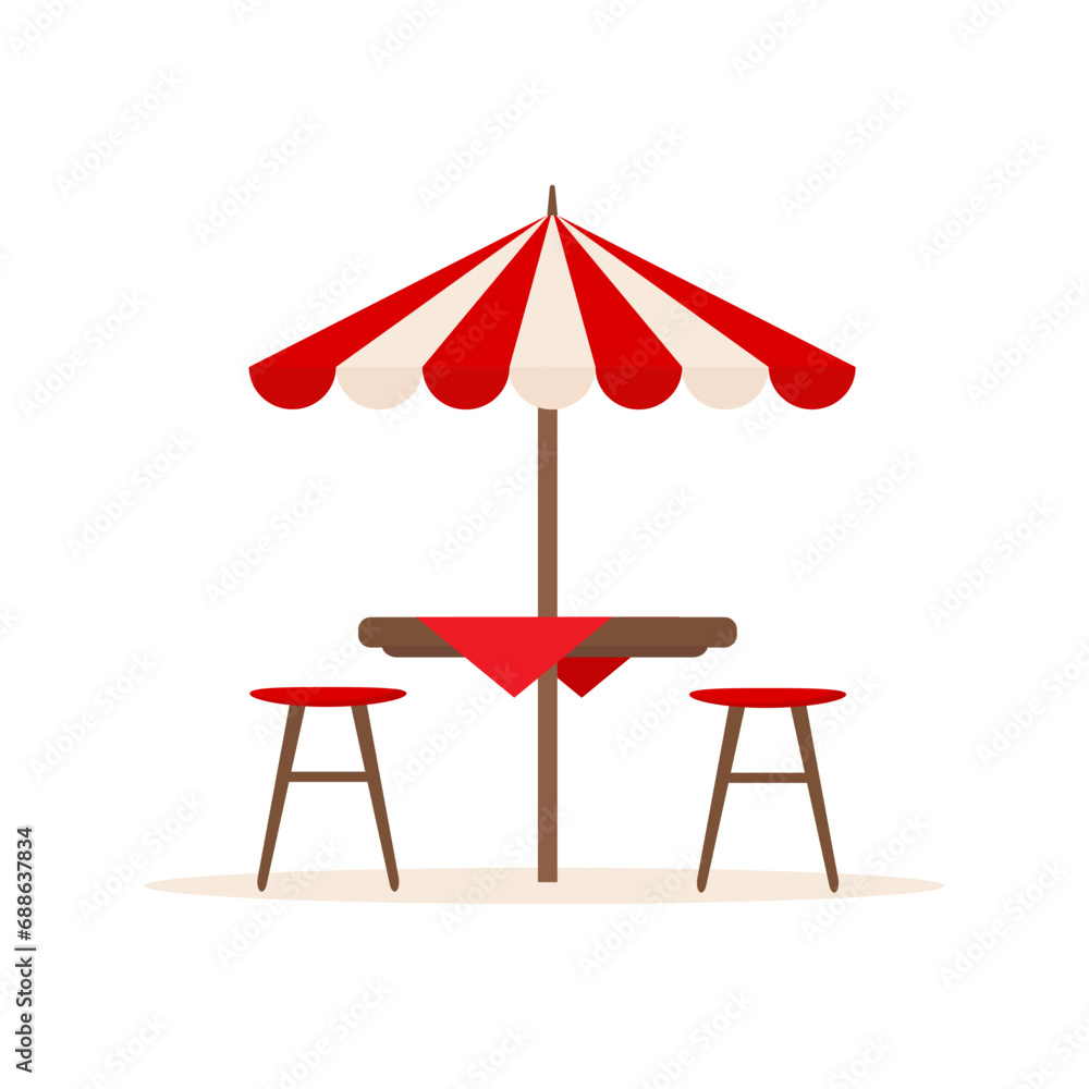 Furniture for summer patio holiday. Restaurant or cafe wooden table with chairs and beach umbrella. Vector illustration isolated on white background