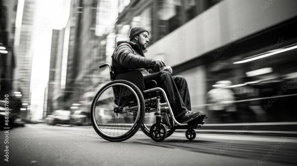Black and white photo of a disabled man in a wheelchair changing the ...