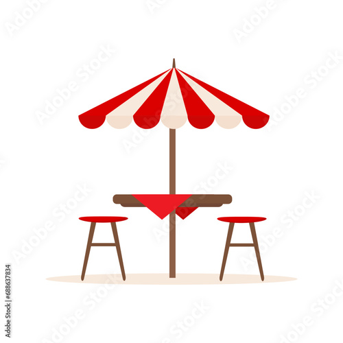 Obraz na płótnie Furniture for summer patio holiday. Restaurant or cafe wooden table with chairs and beach umbrella. Vector illustration isolated on white background w salonie