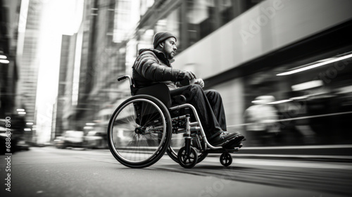 Black and white photo of a disabled man in a wheelchair changing the street outdoors. Disability concept. A disabled man walks alone along a city street.