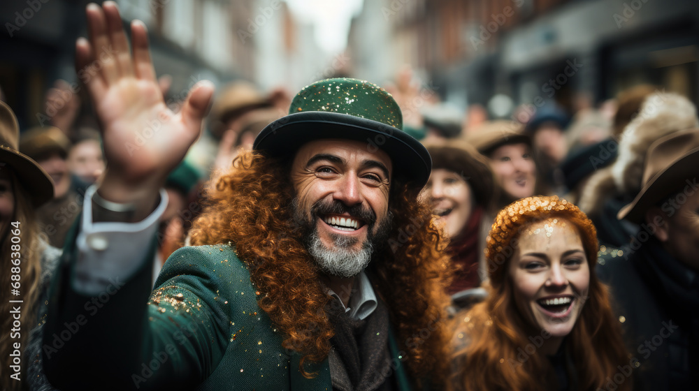 people in green costumes for St. Patrick's Day on the street of Dublin, Ireland, carnival, festival, traditional holiday, shamrock, Irish man, city, celebration, cheerful face, portrait, fun, emotion