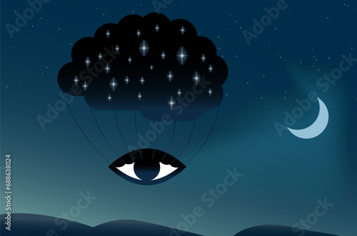 Insomnia, illustrated by image implying brain pulling eyelashes, preventing eye to close with night sky in background. Glowing spots in brain indicate brain's activities.