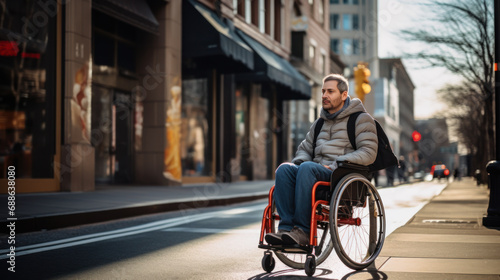 A man in a wheelchair walks alone along a city street. Disabled man enjoying the weather outdoors. Disability concept, walking. © Alina Tymofieieva