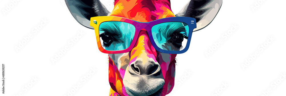 Portrait of a giraffe wearing sunglasses. Isolated on white background. Cartoon colorful giraffe with sunglasses on white.
