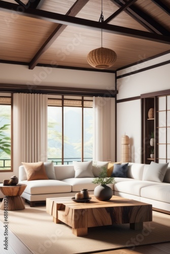 Japanese style living room interior design A comfortable, clean living room with light wood furniture, decorations, and a comfortable and romantic atmosphere. © DJSPIDA FOTO