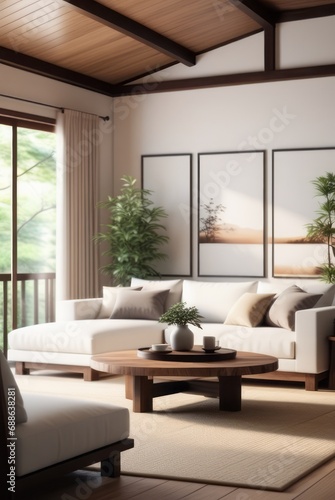 Japanese style living room interior design A comfortable, clean living room with light wood furniture, decorations, and a comfortable and romantic atmosphere. © DJSPIDA FOTO