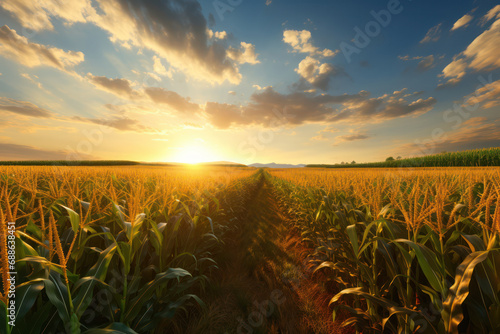 Aerial View of Corn Field During Sunset - Embracing the Beauty of Summer Sunrise in Agriculture. © pkproject