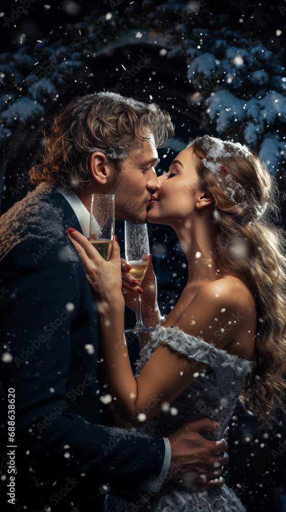 A loving couple standing on a snowy street and kissing while holding glasses of champagne. A romantic photo of two lovers on New Year’s Eve. A loving couple standing on a snowy street and kissing while holding glasses of champagne. A romantic photo of two lovers on New Year’s Eve.