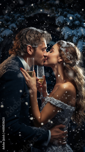 A loving couple standing on a snowy street and kissing while holding glasses of champagne. A romantic photo of two lovers on New Year’s Eve. 