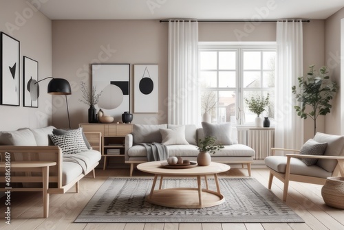 Scandinavian style living room interior design A comfortable, clean living room with light wood furniture, decorations, and a comfortable and romantic atmosphere. © DJSPIDA FOTO