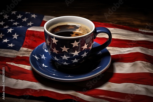 Cup of coffee on background of American flag Generative AI photo