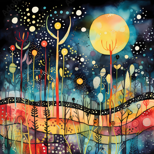 a dreamscape featuring abstract fireflies with watercolor-inspired strokes, tribal motifs, and dynamic compositions