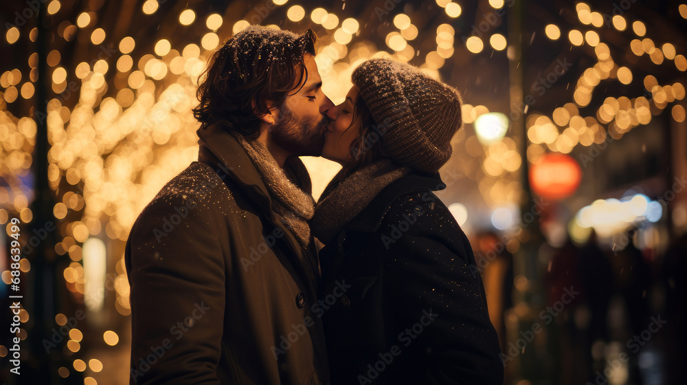 A young couple in love, a man and a woman, hug and kiss in the evening on a crowded city street, glowing bokeh lights. A young couple in love, a man and a woman, hug and kiss in the evening on a crowded city street, glowing bokeh lights.