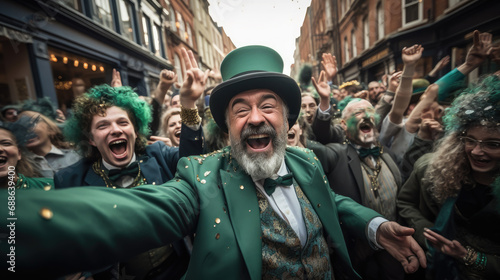 people in green costumes for St. Patrick's Day on the street of Dublin, Ireland, carnival, festival, traditional holiday, shamrock, Irish man, city, celebration, cheerful face, portrait, fun, emotion