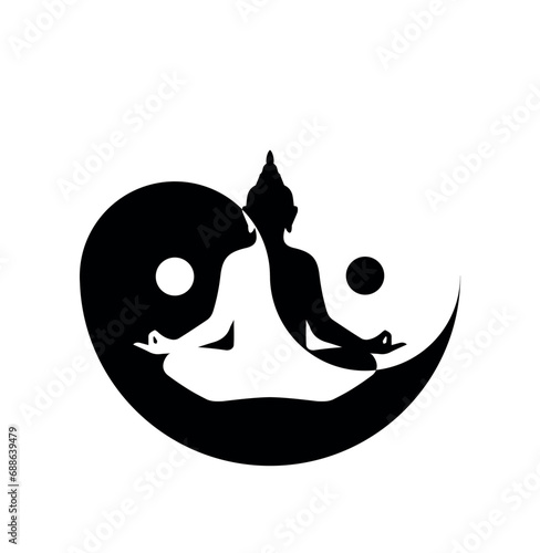 Symbol of yin and yang with an illustrator of Buddha in black and white; photo