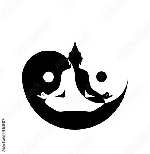 Symbol of yin and yang with an illustrator of Buddha in black and white;