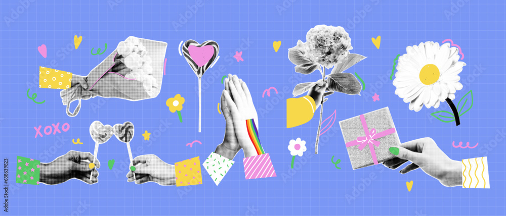 Fototapeta Valentine day halftone collage set with funky doodle shapes. Flower, gift, candy. Trendy vector illustration