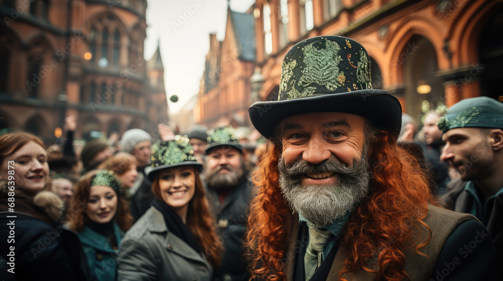 people in green costumes for St. Patrick's Day on the street of Dublin, Ireland, carnival, festival, traditional holiday, shamrock, Irish man, city, celebration, cheerful face, portrait, fun, emotion