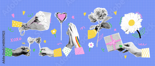 Fototapeta Valentine day halftone collage set with funky doodle shapes. Flower, gift, candy. Trendy vector illustration
