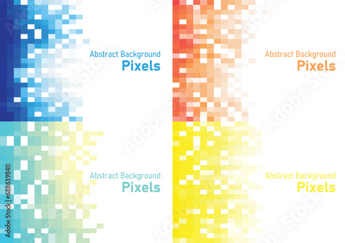 Abstract pixels disintegrate pattern, geometric mosaic background set, blue green yellow and orange color gradient, vector illustration template for wallpaper, poster, wrapping paper, banner, website.