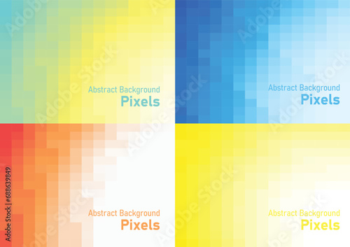 Abstract pixels pattern, geometric mosaic background set, blue green yellow and orange color gradient, vector illustration template for wallpaper, poster, wrapping paper, website, banner.