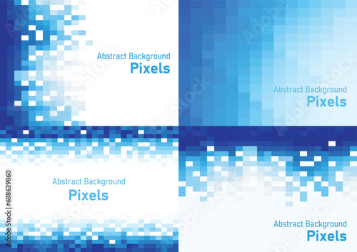 Abstract pixels disintegrate pattern, geometric mosaic background set, blue color gradient, vector illustration template for wallpaper, poster, wrapping paper, website, banner.