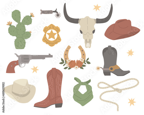 Wild West theme. Cowboy elements. American culture. Vector set with cowboy boots, cowboy hats, guns, sheriff star, cactus