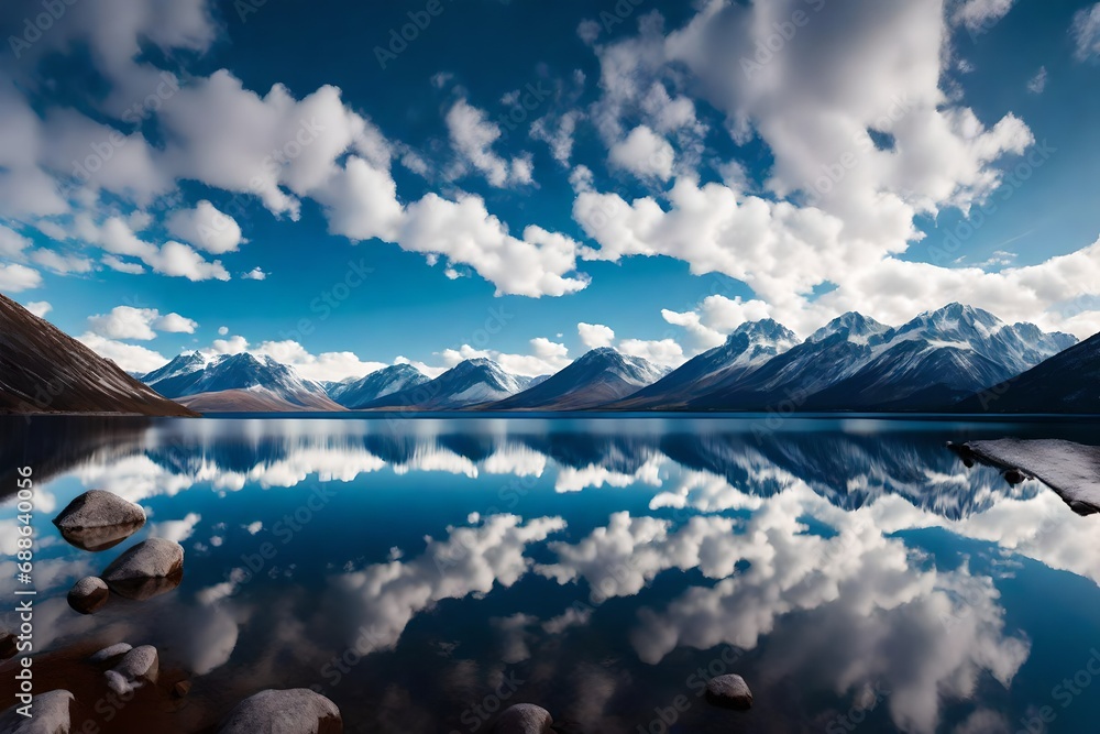 Tranquil lakeside scene with a mirrored reflection of snow-capped mountains and a sky filled with soft, cottony clouds