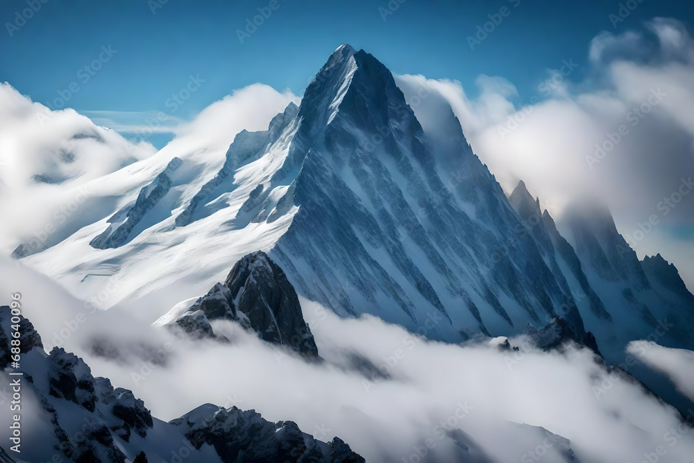Majestic mountain peak shrouded in mist with vibrant clouds swirling around its summit 