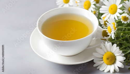 cup of tea with chamomile flowers created with generative ai