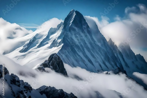Majestic mountain peak shrouded in mist with vibrant clouds swirling around its summit  © AI ARTISTRY