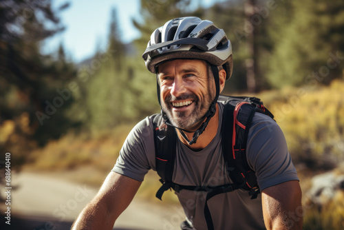Smiling Cyclist Enjoying a Sunny Day on a Mountain Trail 