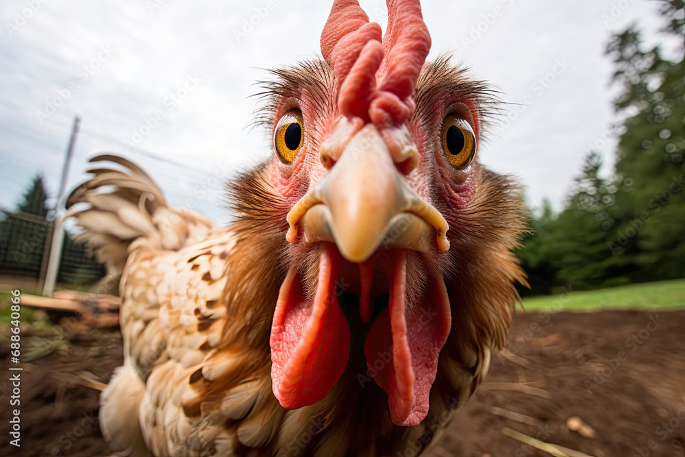 Humorous, meme-inspired image of a chicken gazing curiously into the camera