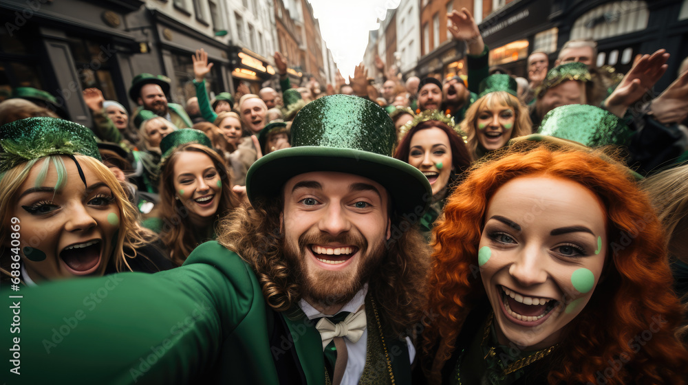 people in green costumes for St. Patrick's Day on the street of Dublin, Ireland, carnival, festival, traditional holiday, shamrock, Irish man, city, celebration, cheerful face, portrait, fun, emotion - obrazy, fototapety, plakaty 