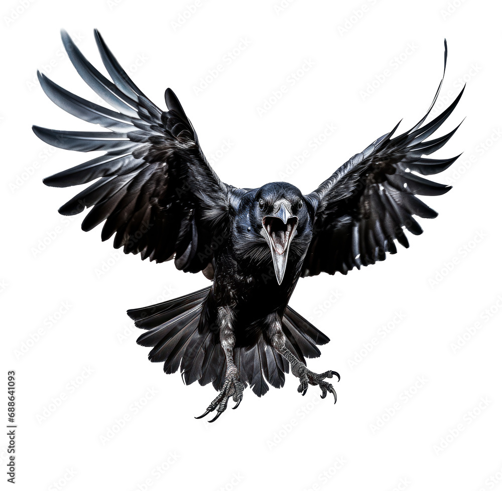 portrait of a beautiful black raven, attack pose, open beak, glossy black feathers, isolated - obrazy, fototapety, plakaty 